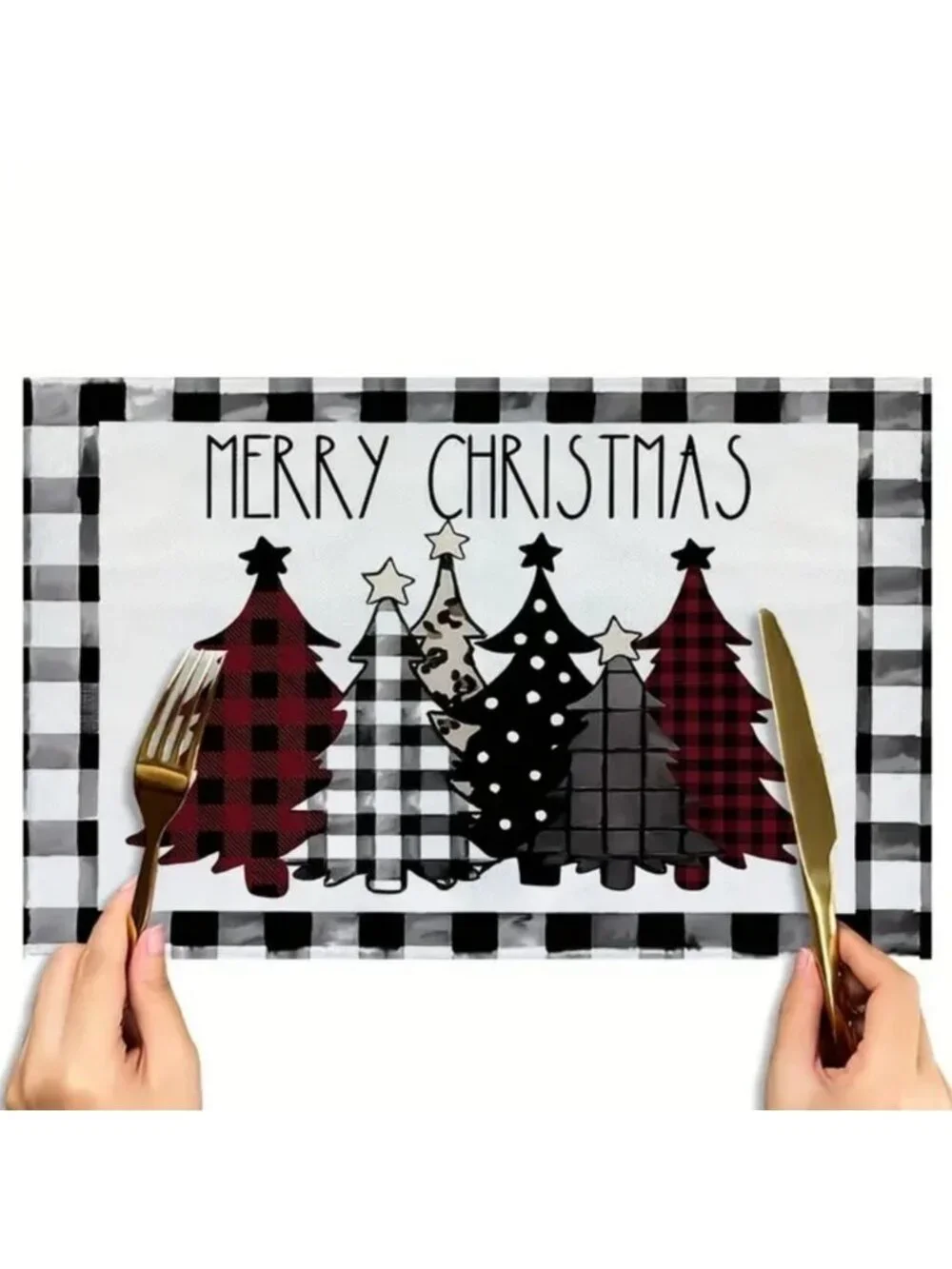 Christmas Placemats Trees Buffalo Plaid Placemats Black White 12 x 18 4 PC Set
